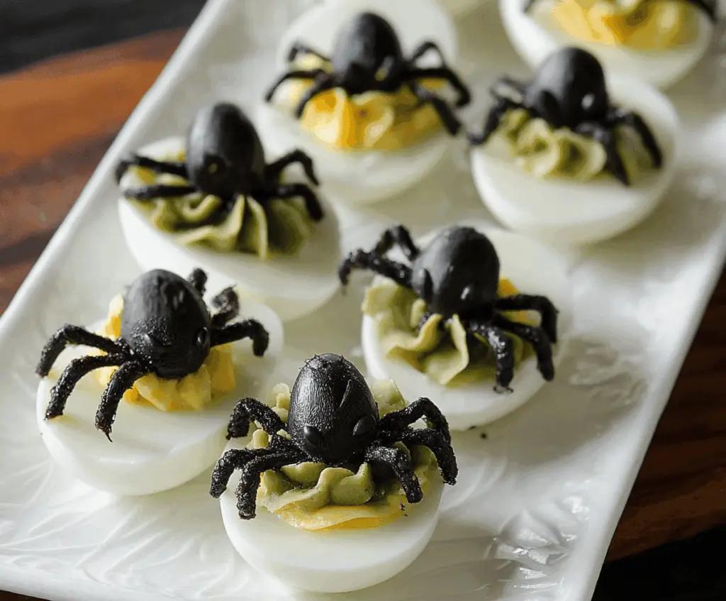 Decorative Crawly Spider Deviled Eggs with black olive spider toppings for Halloween-themed party treats