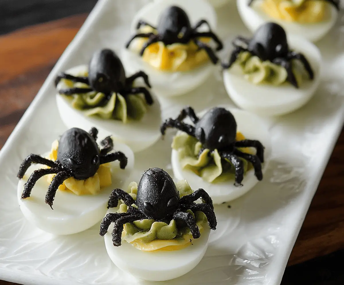 Decorative Crawly Spider Deviled Eggs with black olive spider toppings for Halloween-themed party treats