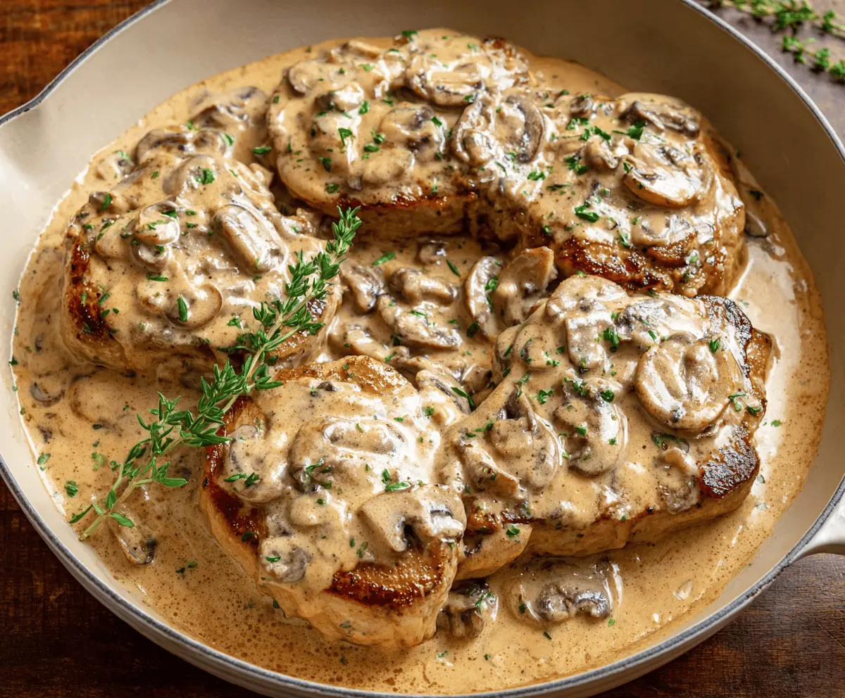 Delicious Cream of Mushroom Pork Chops served with fresh herbs and vegetables.