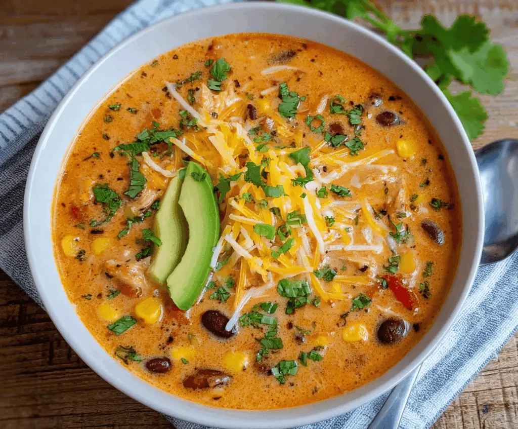 Creamy enchilada soup with melted cheese, shredded chicken, and fresh cilantro in a bowl, garnished with lime wedges and tortilla chips.