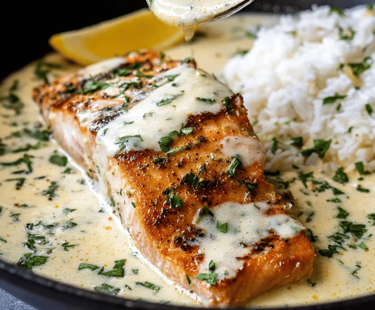 Delicious creamy garlic butter salmon served on a plate, garnished with fresh herbs