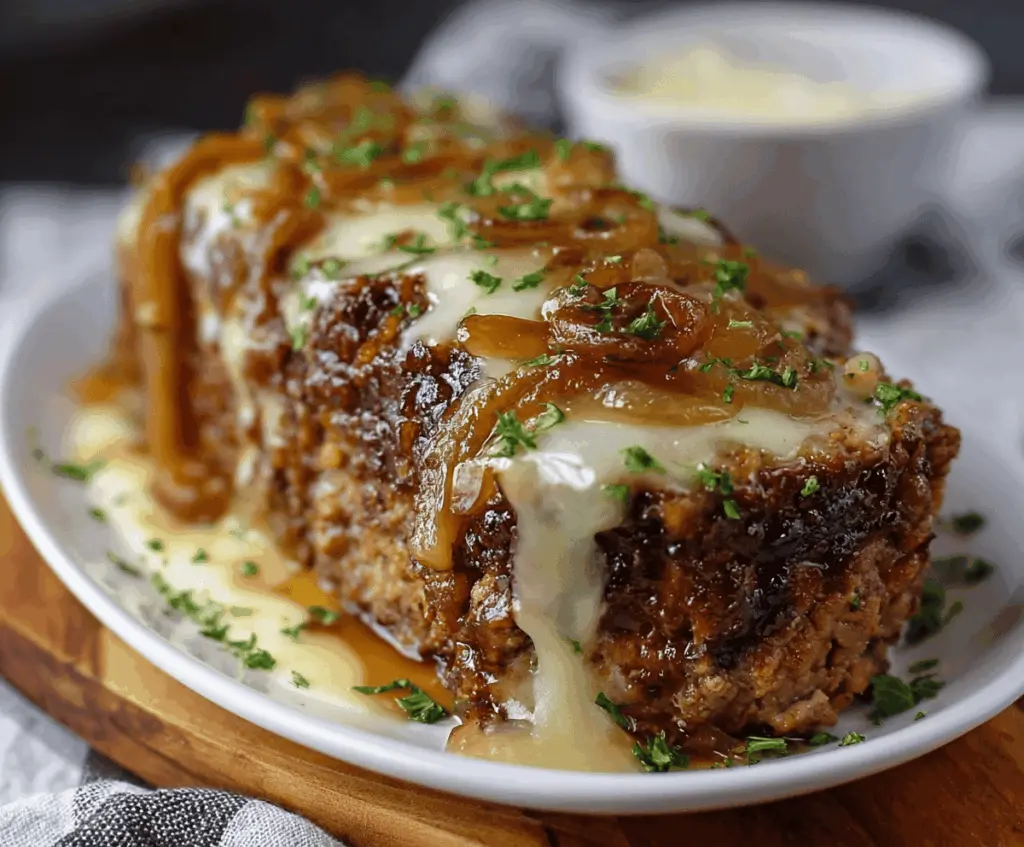 Delicious Crockpot French Onion Meatloaf topped with melted Swiss cheese, served with caramelized onions and herbs