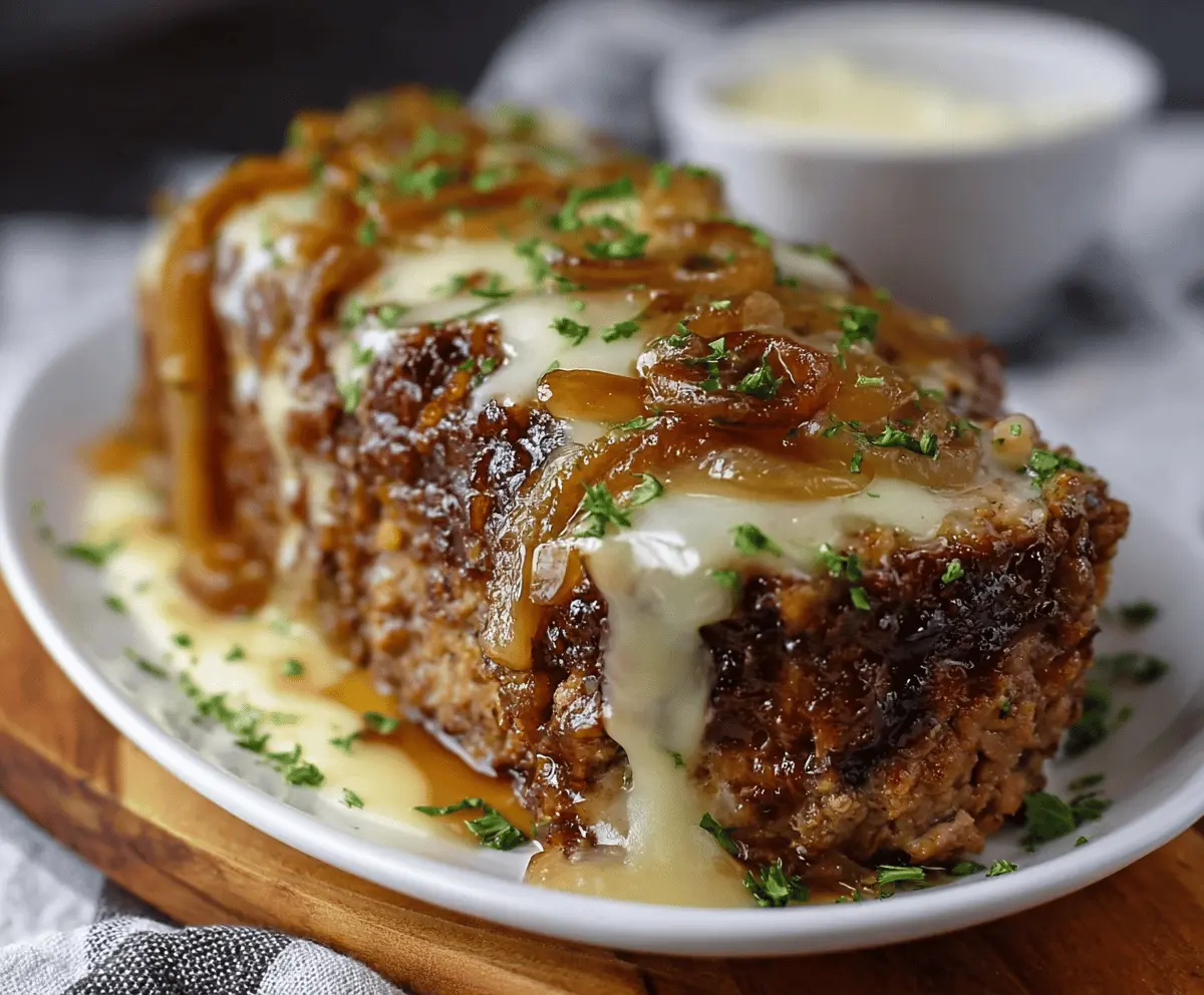 Delicious Crockpot French Onion Meatloaf topped with melted Swiss cheese, served with caramelized onions and herbs