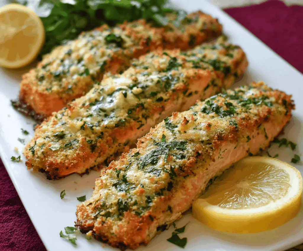 Delicious crusty salmon fillet topped with flavorful Parmesan and fresh herbs, served on a white plate