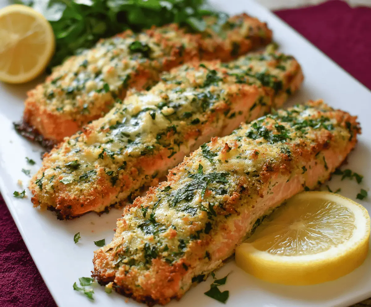 Delicious crusty salmon fillet topped with flavorful Parmesan and fresh herbs, served on a white plate