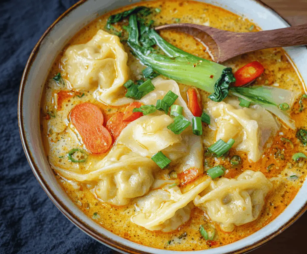 A steaming bowl of Curry Dumpling Soup featuring golden dumplings, vibrant vegetables, and flavorful curry broth garnished with fresh herbs.