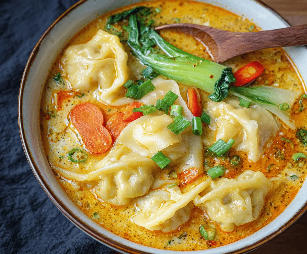 A steaming bowl of Curry Dumpling Soup featuring golden dumplings, vibrant vegetables, and flavorful curry broth garnished with fresh herbs.