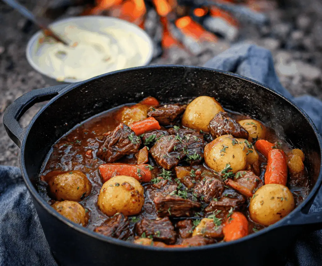 Hearty Dutch Oven Beef Stew with tender beef chunks, vegetables, and savory broth in a rustic pot