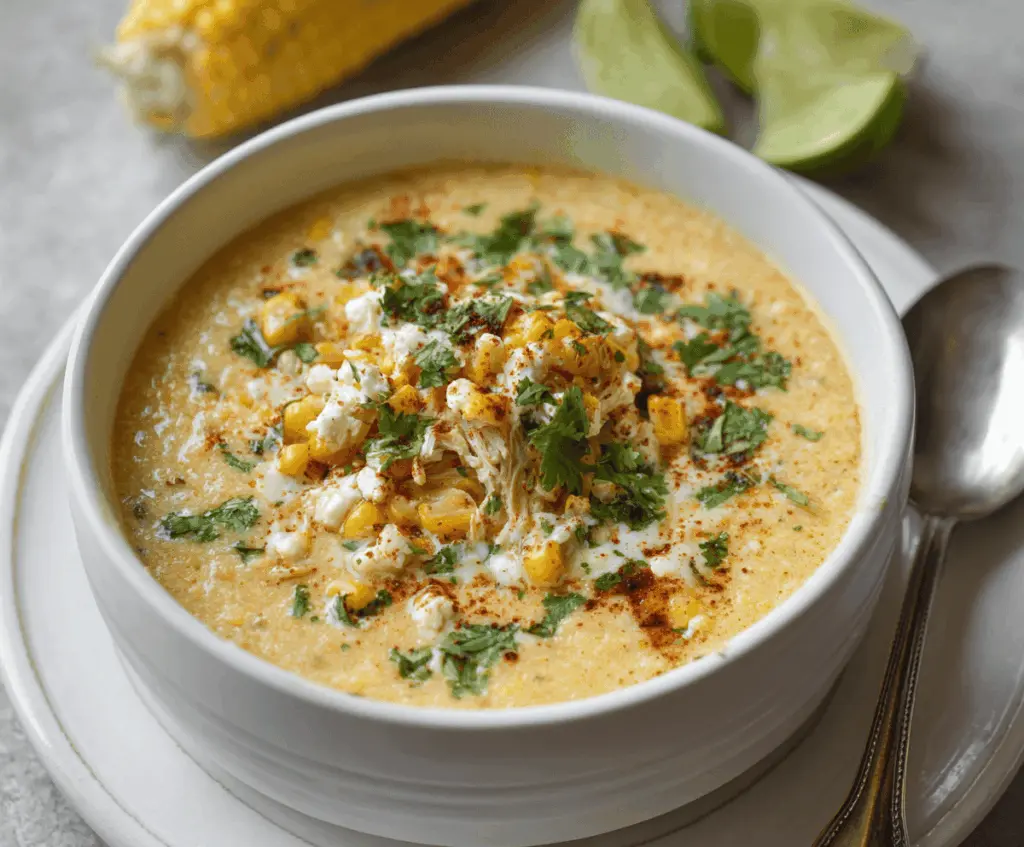 Creamy Elote Corn Soup topped with crumbled cheese, fresh cilantro, and a squeeze of lime, served in a bowl with a rustic wooden background.