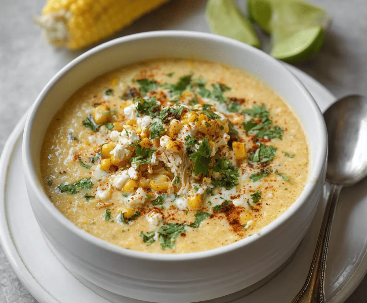 Creamy Elote Corn Soup topped with crumbled cheese, fresh cilantro, and a squeeze of lime, served in a bowl with a rustic wooden background.