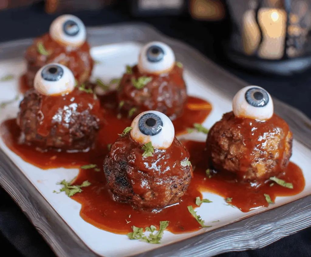 Spooky Eyeball Meatballs with olive pupils and marinara sauce for Halloween-themed dinner