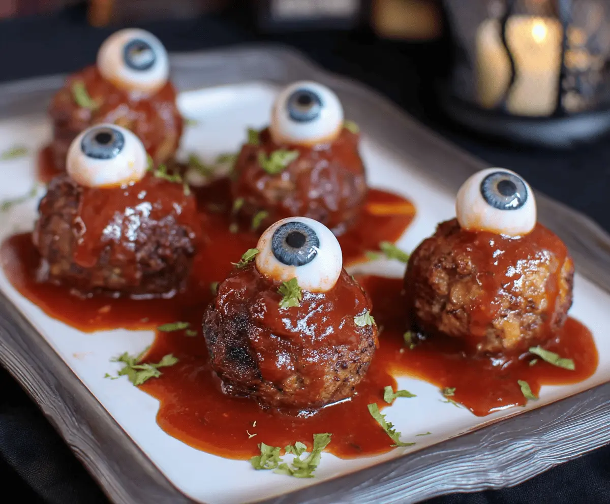 Spooky Eyeball Meatballs with olive pupils and marinara sauce for Halloween-themed dinner