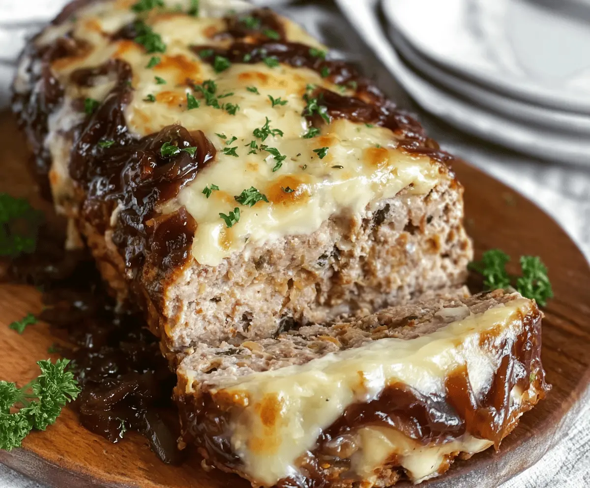 Juicy French Onion Meatloaf topped with melted cheese and caramelized onions served on a plate