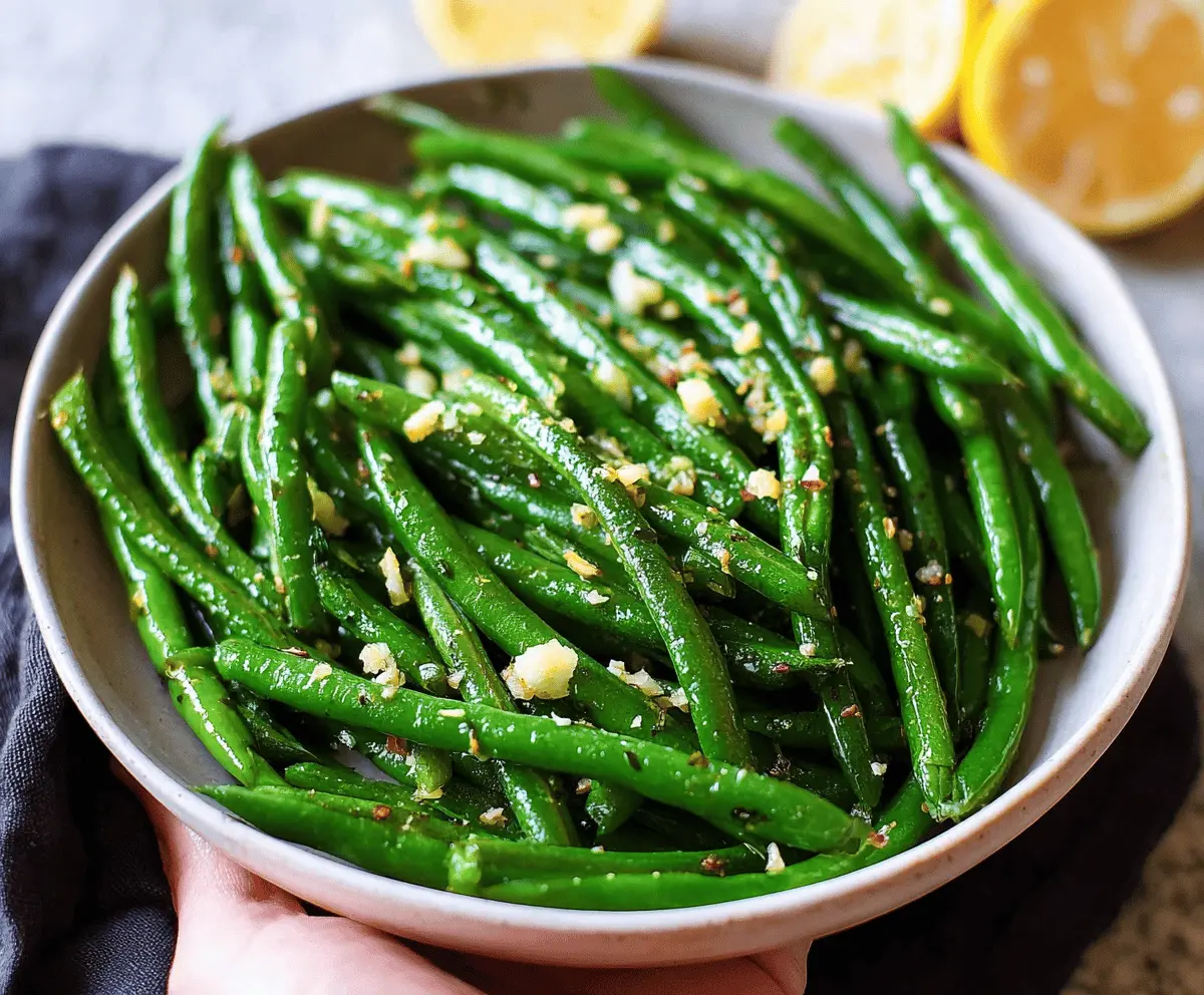 Fresh green beans cooked with garlic butter, garnished with herbs for a delicious side dish