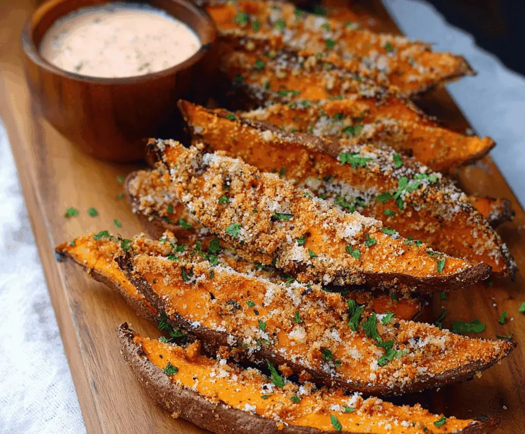 Golden baked garlic parmesan sweet potato wedges garnished with fresh herbs on a rustic wooden table, perfect for a healthy snack or side dish.