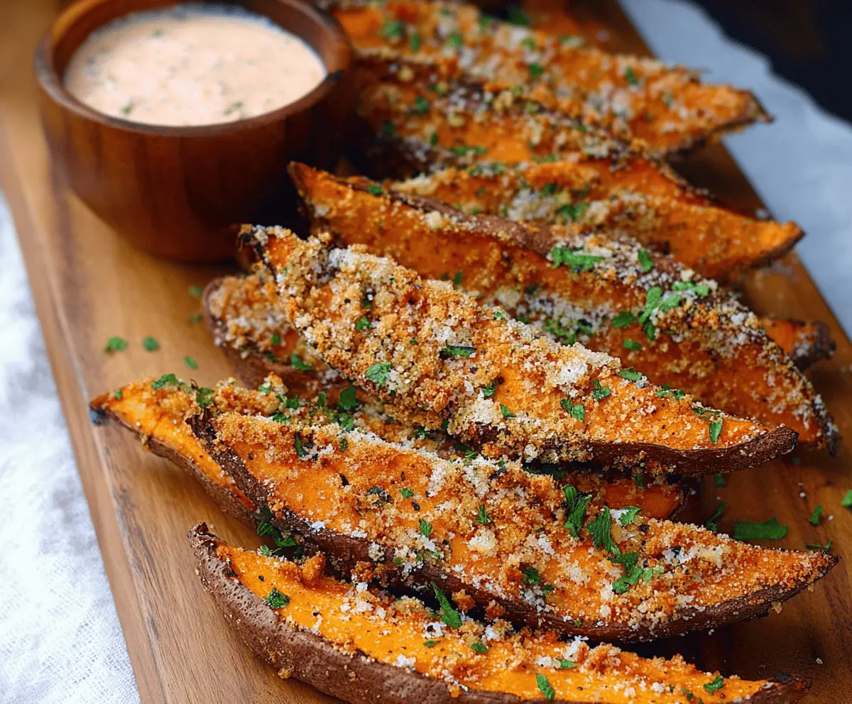 Golden baked garlic parmesan sweet potato wedges garnished with fresh herbs on a rustic wooden table, perfect for a healthy snack or side dish.