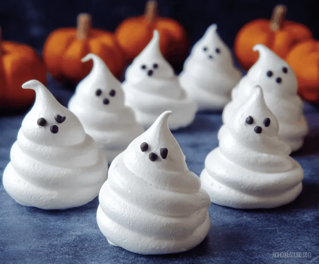 Delicious ghost-shaped meringues with spooky eyes for Halloween treats