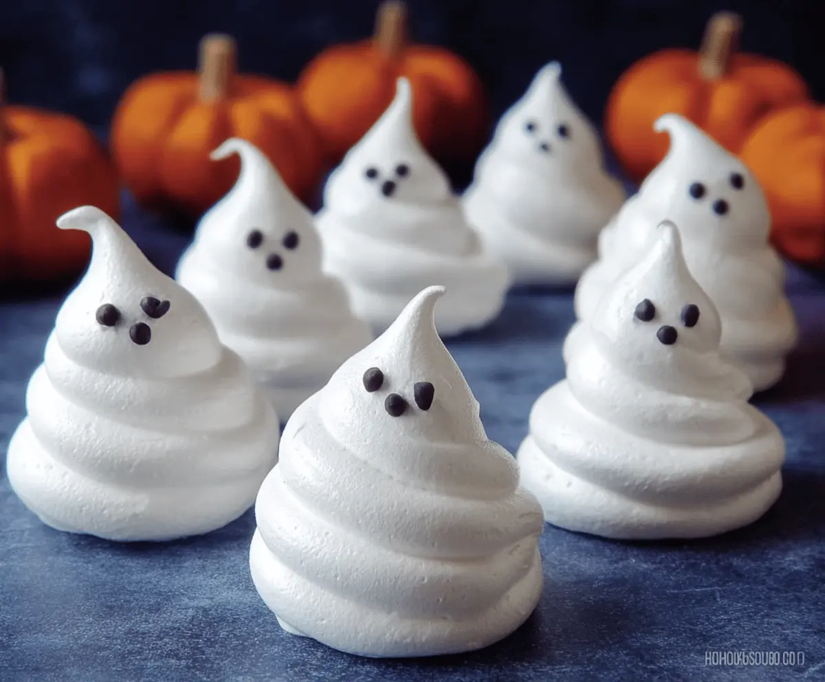 Delicious ghost-shaped meringues with spooky eyes for Halloween treats