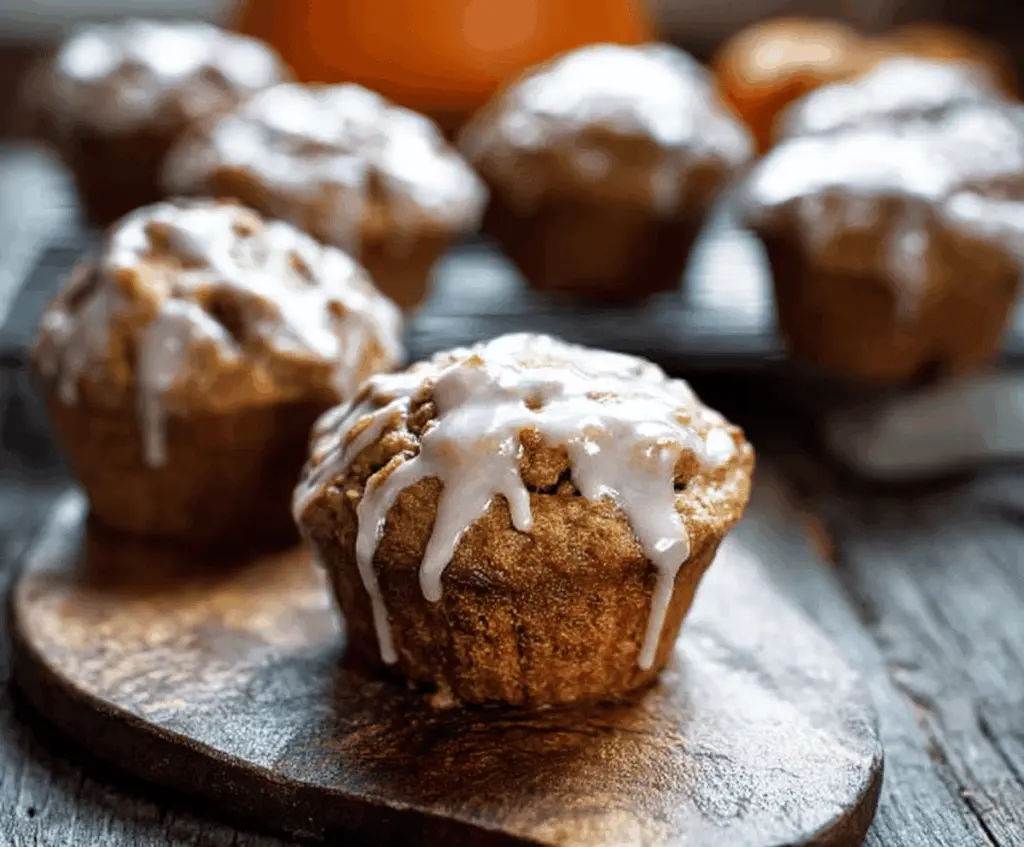 Delicious glazed pumpkin muffins topped with a shiny glaze, perfect for fall breakfast or snacks.