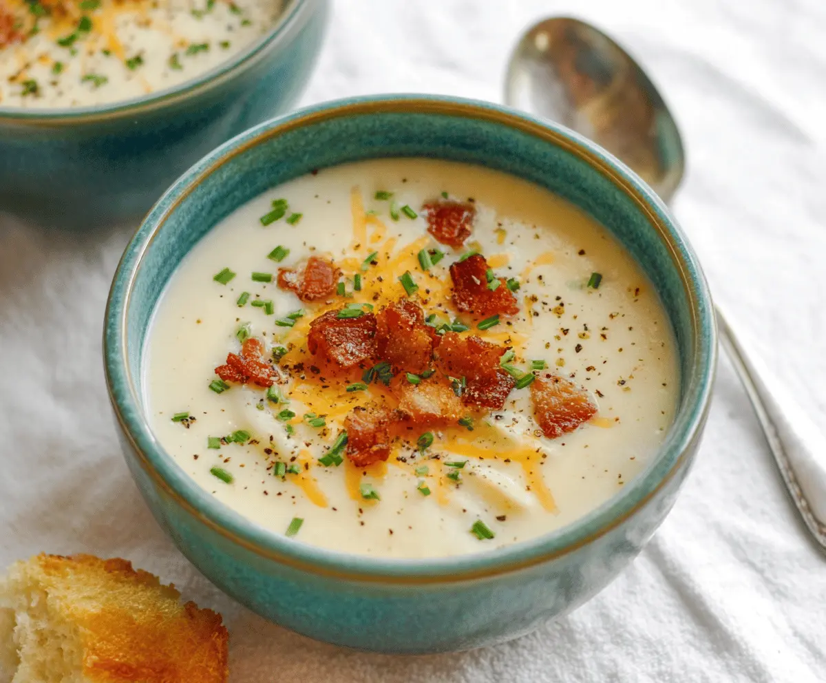 Creamy gluten-free potato soup in a bowl with fresh herbs and crispy bacon garnish
