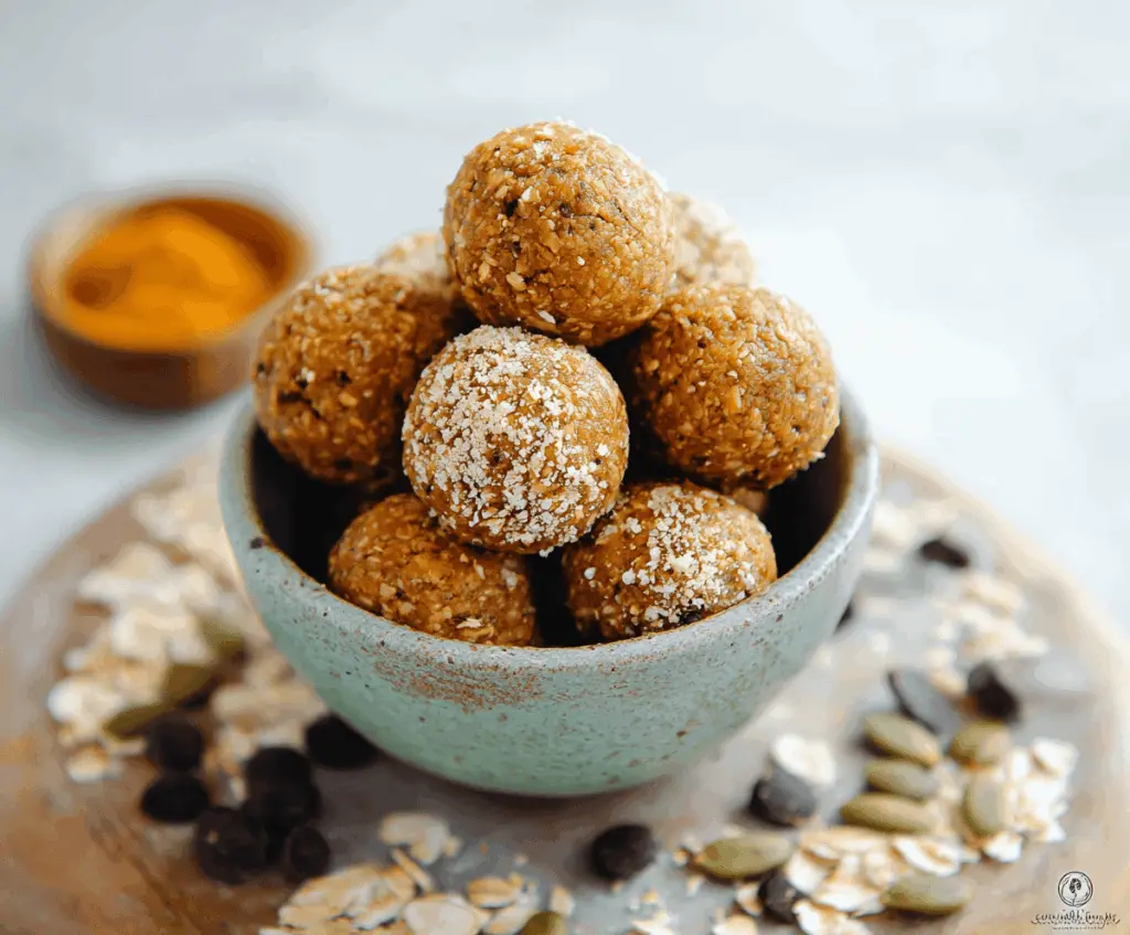 Gluten-free pumpkin protein balls on a white plate, featuring spiced pumpkin and protein powder ingredients for a healthy snack