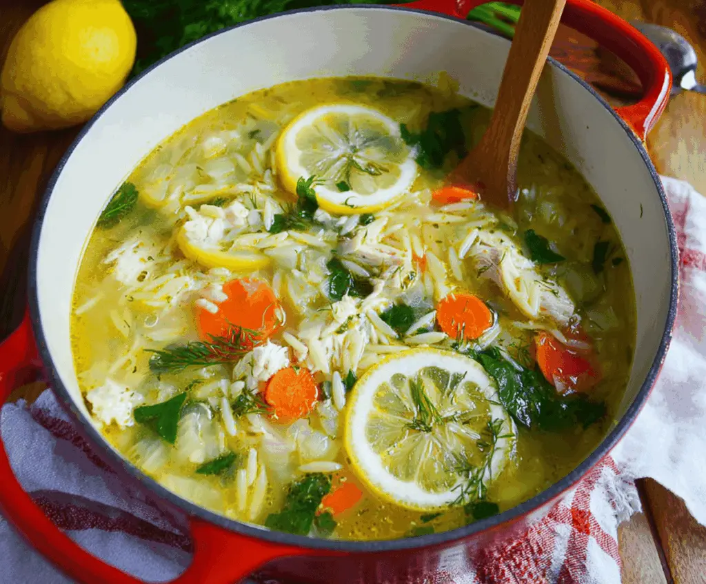 A bowl of Greek Lemon Orzo Chicken Soup topped with fresh herbs and lemon slices, featuring tender chicken, orzo pasta, and vibrant vegetables in a flavorful broth.