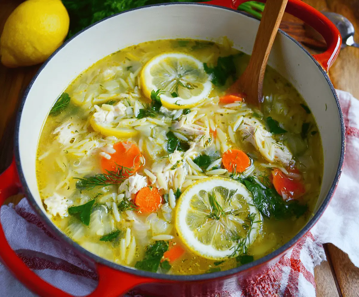A bowl of Greek Lemon Orzo Chicken Soup topped with fresh herbs and lemon slices, featuring tender chicken, orzo pasta, and vibrant vegetables in a flavorful broth.