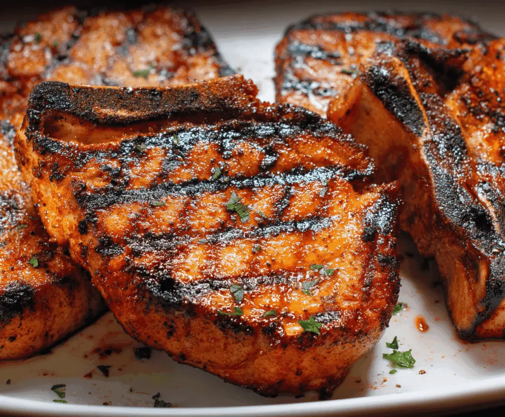 Juicy grilled pork chops with grill marks served on a plate, perfect for a delicious outdoor barbecue meal.