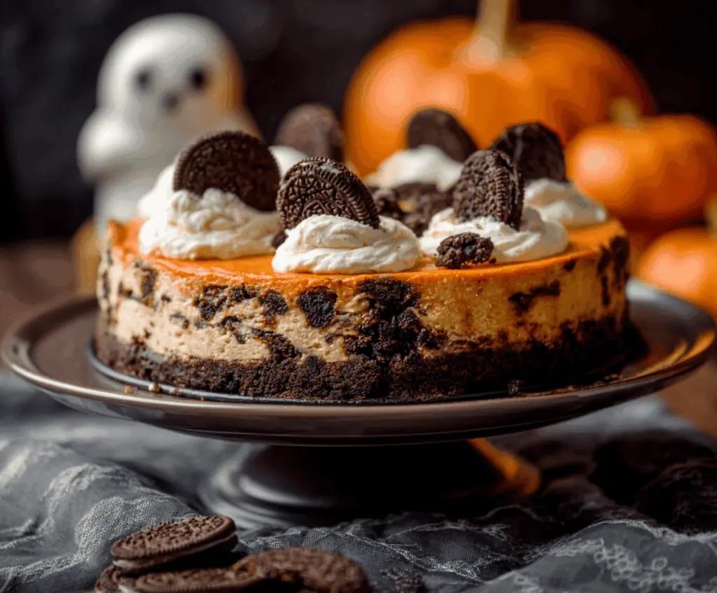 Delicious Halloween Cookies and Cream Cheesecake with spooky decorations and creamy texture, perfect for Halloween dessert celebrations