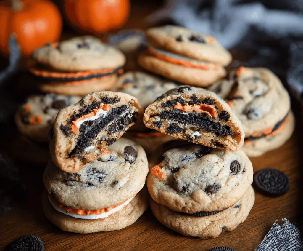 Halloween Oreo stuffed chocolate chip cookies with spooky decorations and gooey chocolate chips perfect for a festive treat
