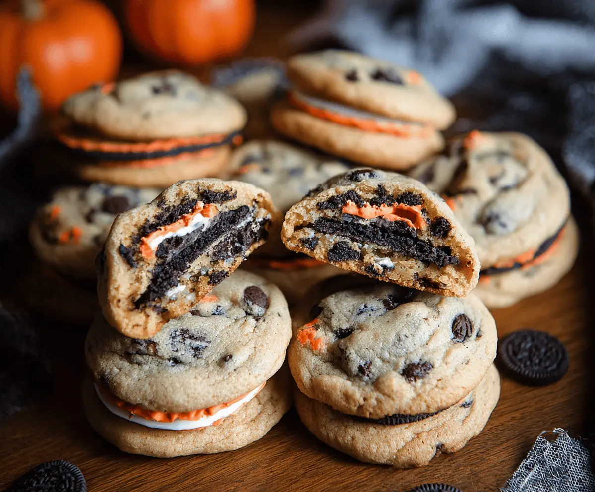 Halloween Oreo stuffed chocolate chip cookies with spooky decorations and gooey chocolate chips perfect for a festive treat