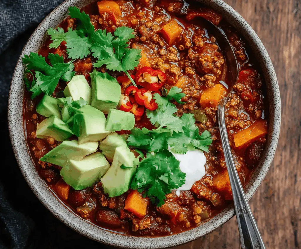 A bowl of hearty healthy chili topped with fresh cilantro and diced vegetables, served with a side of crusty bread.