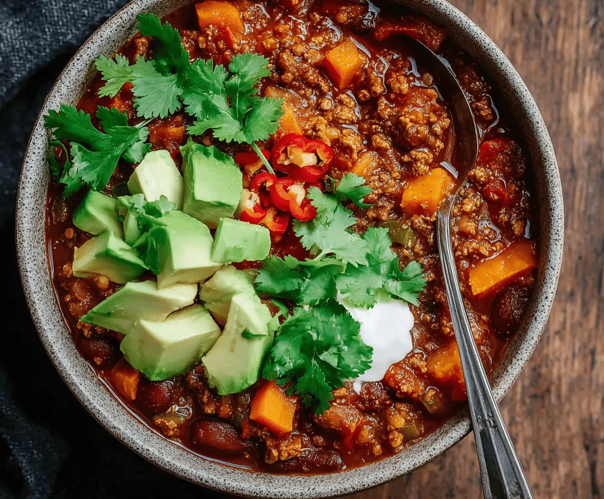 A bowl of hearty healthy chili topped with fresh cilantro and diced vegetables, served with a side of crusty bread.