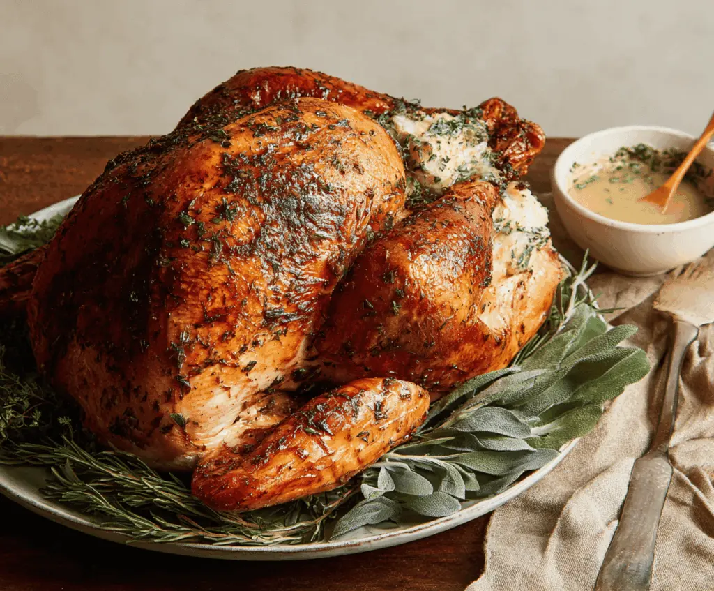 Juicy herb butter roasted turkey garnished with fresh herbs on a serving platter, perfect for holiday dinners
