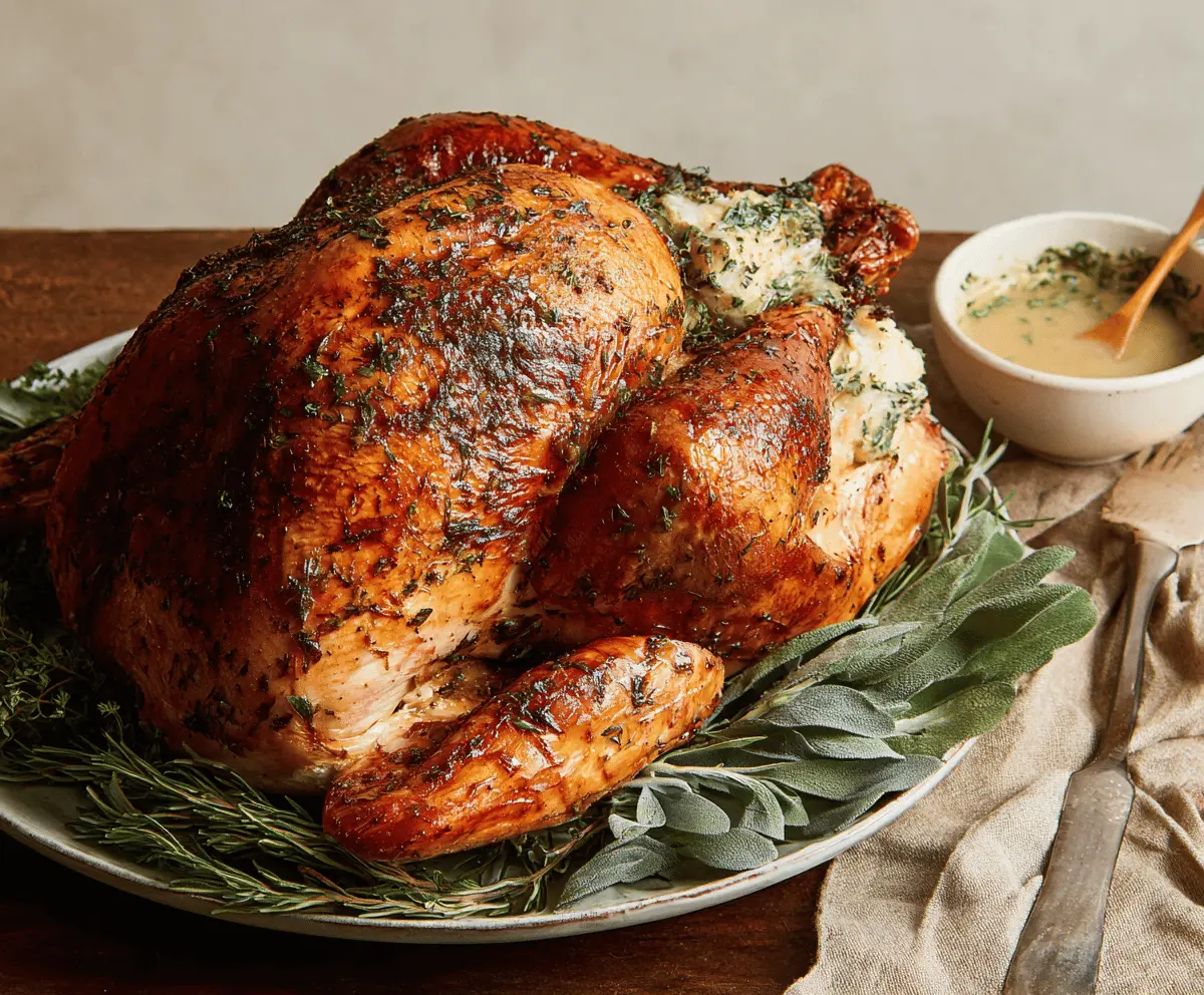 Juicy herb butter roasted turkey garnished with fresh herbs on a serving platter, perfect for holiday dinners