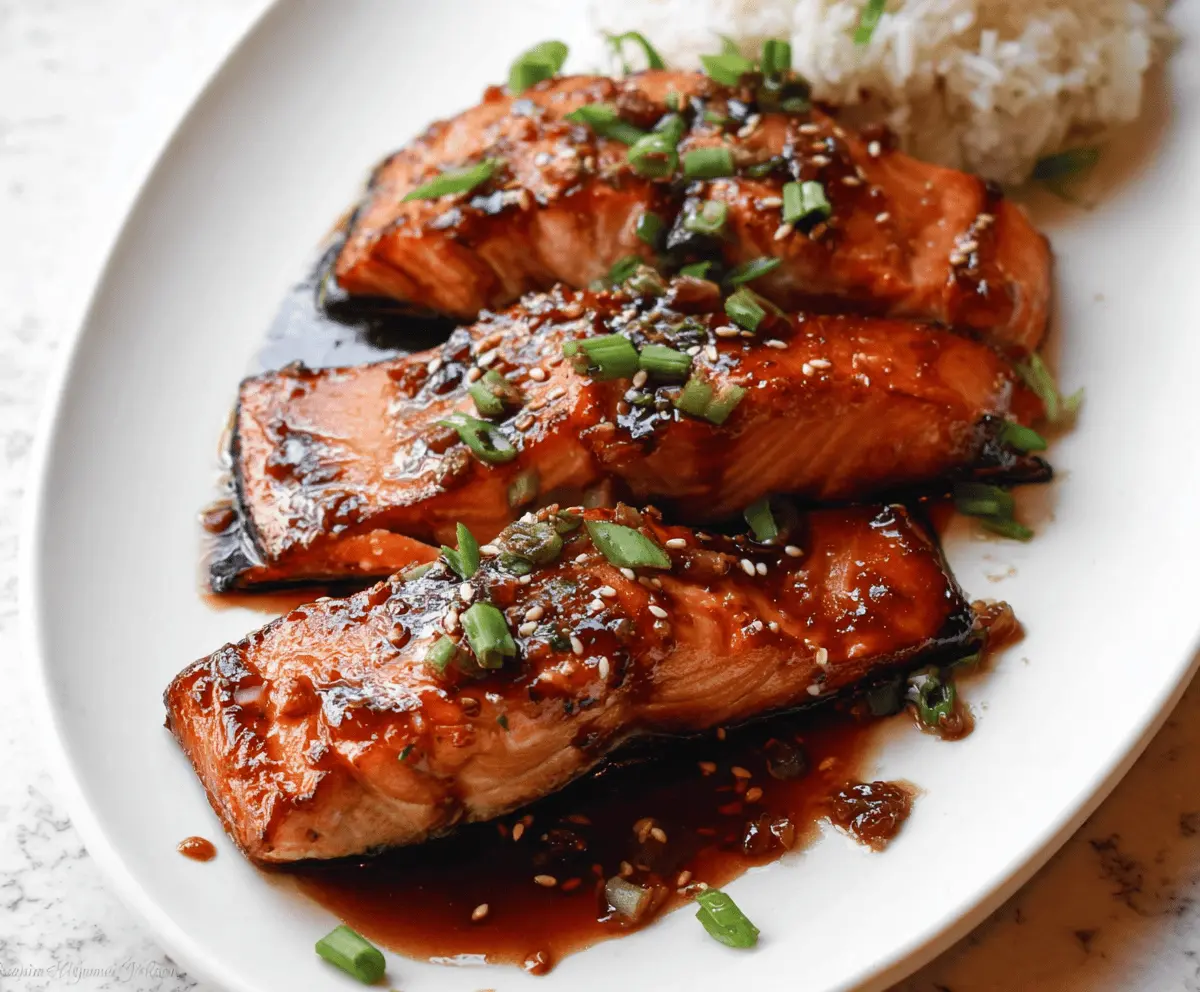Juicy salmon fillet glazed with shiny honey soy sauce, garnished with fresh herbs on a white plate.