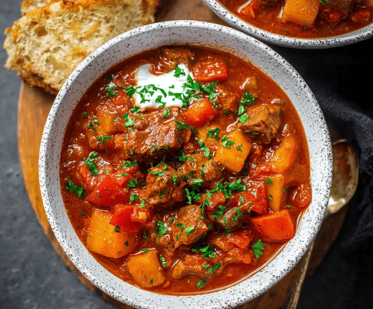 Delicious Hungarian Goulash in a rustic bowl featuring tender beef, hearty vegetables, and rich paprika sauce ready to serve.