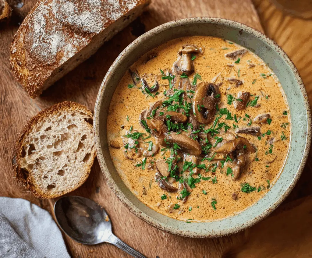 A bowl of Hungarian Mushroom Soup garnished with fresh herbs, featuring creamy broth, sliced mushrooms, and tender vegetables, served in a rustic white bowl.