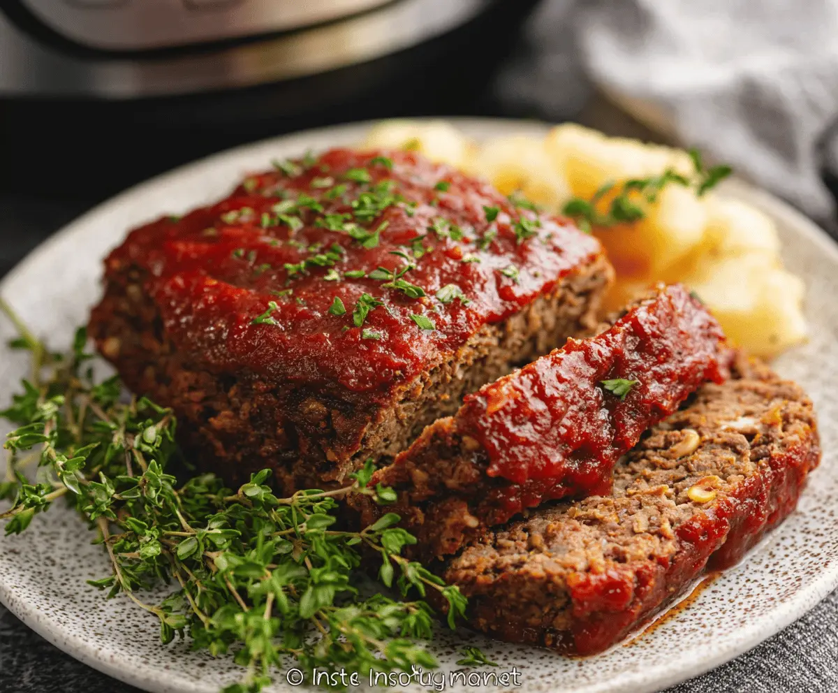 Delicious homemade Instant Pot meatloaf garnished with fresh herbs, ready to serve