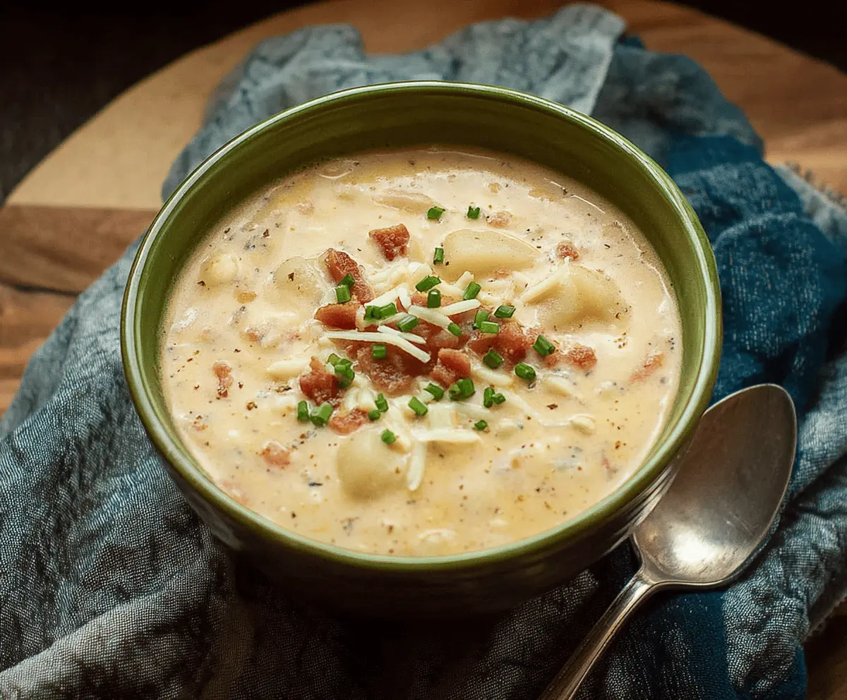 Creamy Irish Potato Soup topped with fresh herbs in a rustic bowl, served with crusty bread on a wooden table.