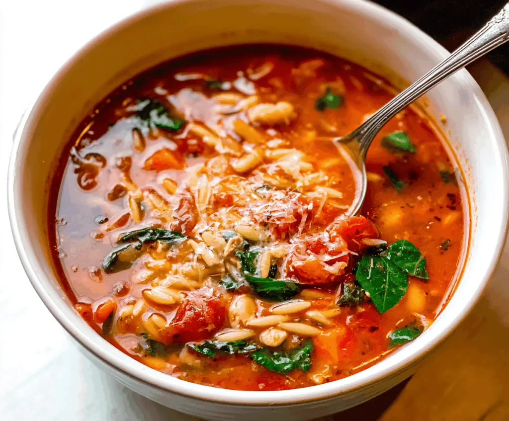 A bowl of hearty Italian Orzo Soup with vegetables, herbs, and melted cheese garnished with fresh basil, served in a rustic bowl on a wooden table.