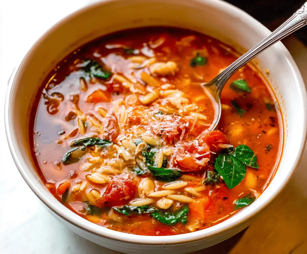 A bowl of hearty Italian Orzo Soup with vegetables, herbs, and melted cheese garnished with fresh basil, served in a rustic bowl on a wooden table.