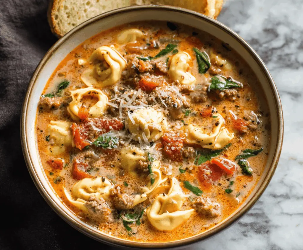 Creamy Italian Sausage Tortellini Soup in a bowl with fresh herbs and vegetables, perfect for a hearty and comforting meal