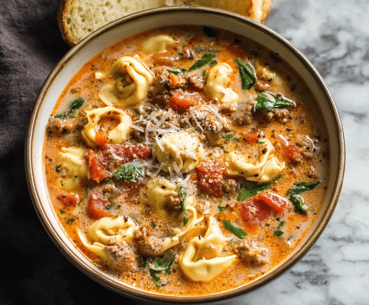 Creamy Italian Sausage Tortellini Soup in a bowl with fresh herbs and vegetables, perfect for a hearty and comforting meal