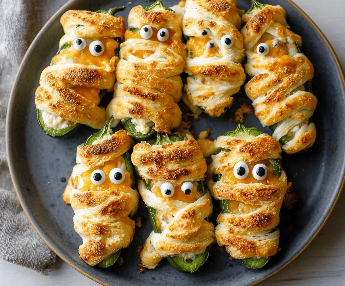 Delicious Jalapeño Popper Mummies with crispy bacon and creamy cheese filling, perfect for spooky snacks or parties