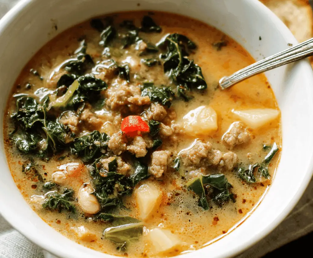 Hearty Kale and Sausage Soup in a bowl, garnished with fresh herbs and vegetables, perfect for a comforting meal