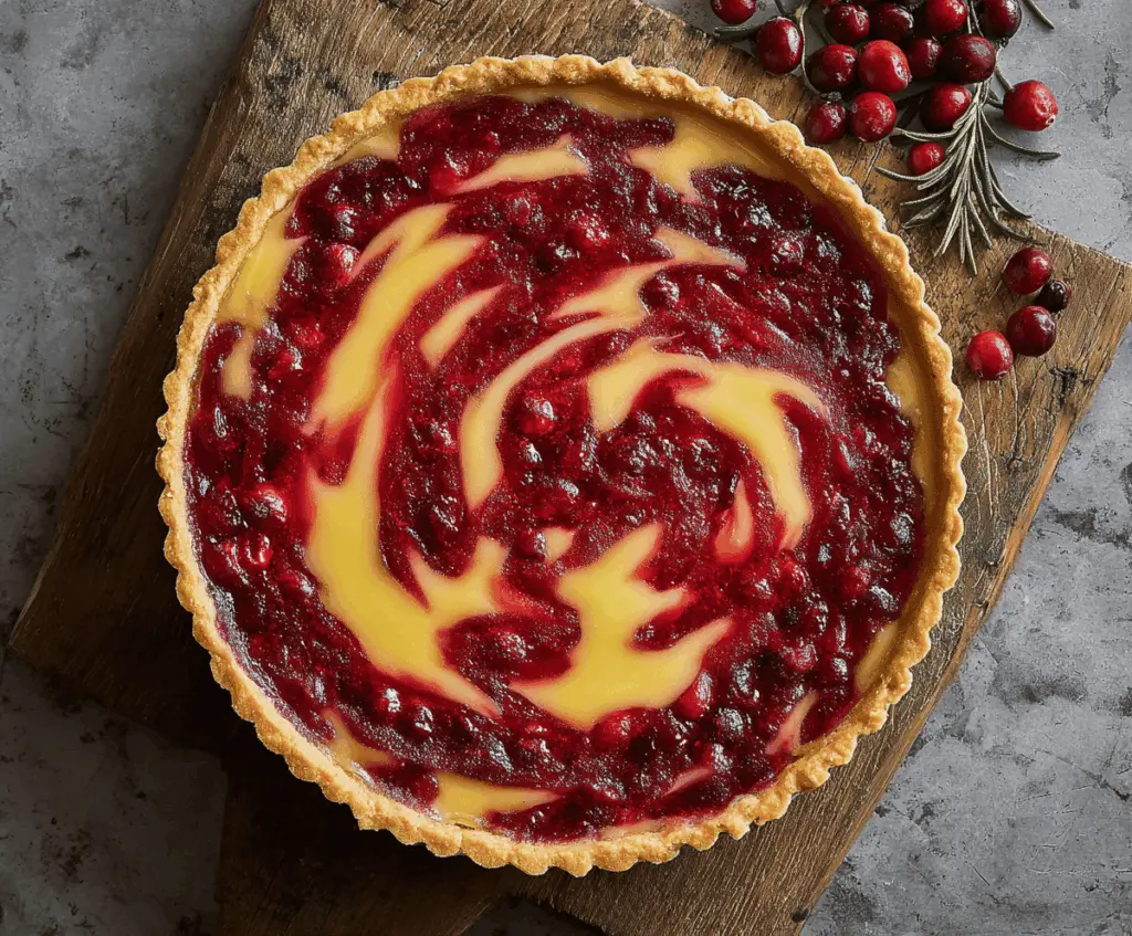 Beautiful Lemon Cranberry Tart topped with fresh cranberries and lemon slices, served on a white plate for a delightful dessert presentation.