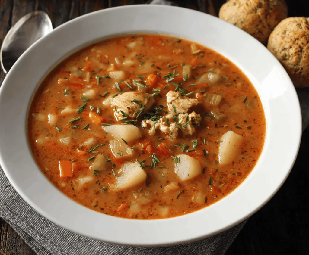 A bowl of Manhattan Clam Chowder garnished with fresh herbs, featuring a rich tomato-based broth with clams, vegetables, and herbs.