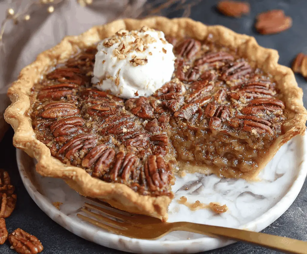 Delicious homemade Maple Pecan Pie topped with toasted pecans and a golden crust, perfect for dessert or holiday celebrations.