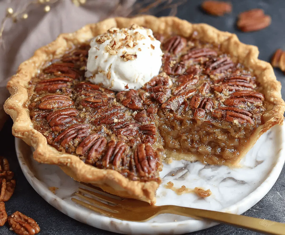 Delicious homemade Maple Pecan Pie topped with toasted pecans and a golden crust, perfect for dessert or holiday celebrations.